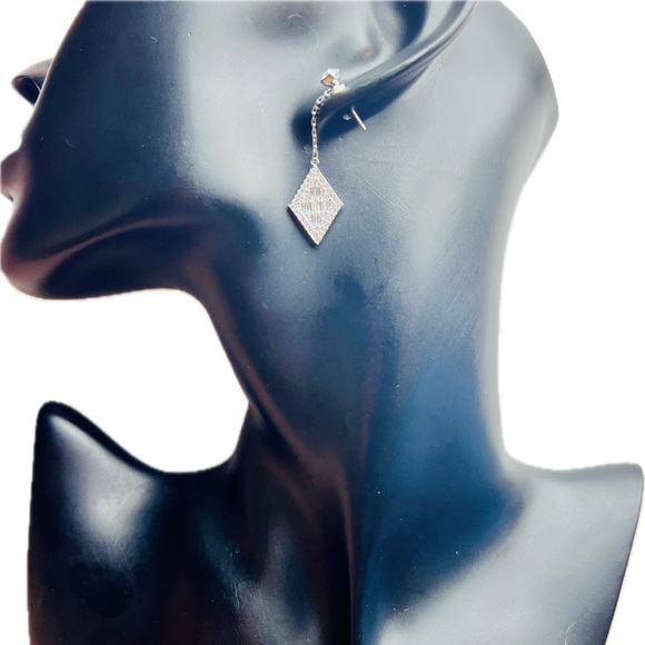 Diamond Shaped Swarovski Crystal Drop Earrings, Two-Way Style, Silver and Clear - Picture 9 of 10